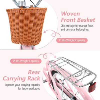Costway 26-Inch Beach Cruiser Bike,with Adjustable Seat, Woven Basket & Rear Rack, Pink (LOCAL PICKUP ONLY)