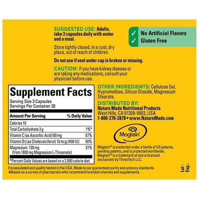 Nature Made Magnesium L-Threonate With Vitamin C & D3 Capsules - 60ct: Gluten-Free, No Artificial Flavors Supplement