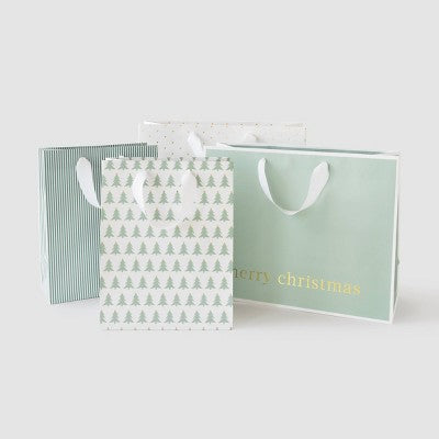 4pk Small Foil Dot and Pinstripe Christmas Gift Bags with Tags Green/White - Sugar Paper + Target