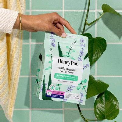 Honey Pot 100% Organic Cotton Cover Cooling Regular Overnight Duo Pads - 16 ct