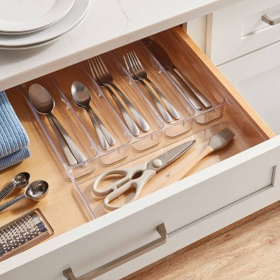 6 Compartment Plastic Drawer Flatware Organizer - Brightroom: Clear In-Drawer Silverware Tray, Contemporary Style