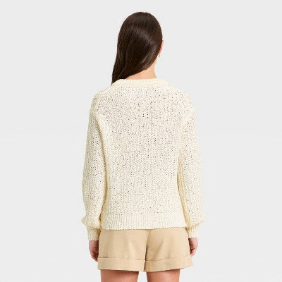 Women's Long Sleeve Round Pullover Sweater - A New Day Cream M