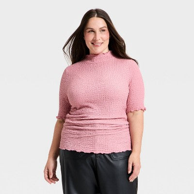 Women's Short Sleeve Mock Neck Top - A New Day Pink 2X