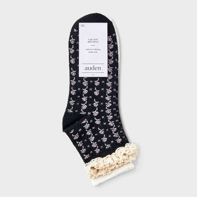 Women's Floral Lace and Pointelle 2pk Ankle Socks - Auden Black/Ivory 4-10: Midweight Knit, Rib Cuffs, Ruffle Trim