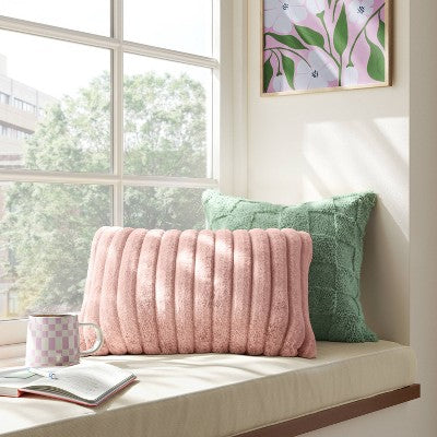 Channeled Faux Fur Lumbar Throw Pillow Blush - Room Essentials: Indoor Rectangle Cushion, Polyester Fill