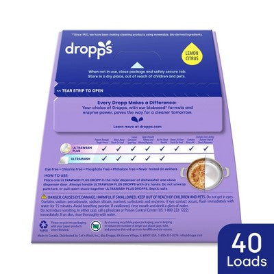 Dropps Dish UltraWash Plus Biobased Detergent Pods - Lemon Citrus - 40ct