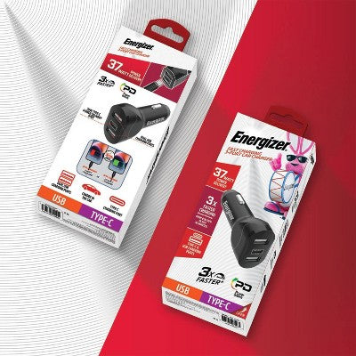 Energizer Car Accessory 3 Port Power Delivery Car Charger: USB-C & USB