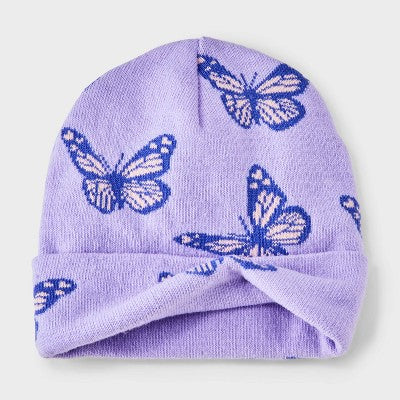 Girls' Flat Knit Butterfly Intarsia Beanie Hat - Cat & Jack Lavender 4-14