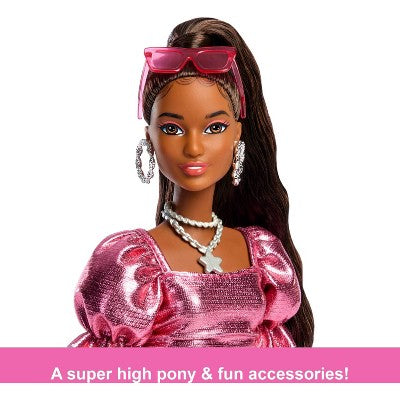 Barbie Deluxe Style Fashion Doll #6 in Metallic Coral Dress with Bubble Hem and Silvery Accessories