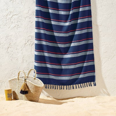 36"x72" Jacquard Lightweight Striped Oversized Beach Towel with Knotted Fringe Navy Blue - Room Essentials