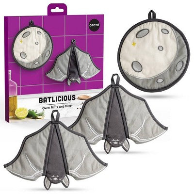 Ototo Batlicious Oven Mitt and Moon Trivet Cotton and Polyester Fabric Kitchen Gadgets for Halloween Gifts Black/Gray