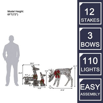 LuxenHome Set of 3 Deer Family Lighted Holiday Decoration Brown