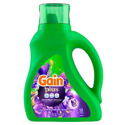 Gain Moonlight Breeze Plus Liquid Laundry Detergents 45 Loads - 60oz: Spill-Resistant Lid, Deep Cleaning, Cold Water Detergent