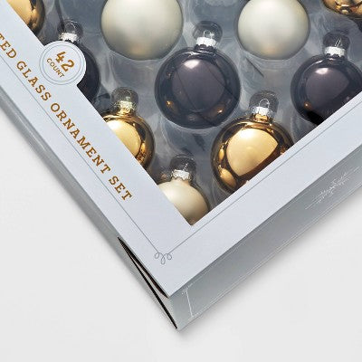 42ct Round Glass Christmas Tree Ornament Set Black/White/Gold - Wondershop