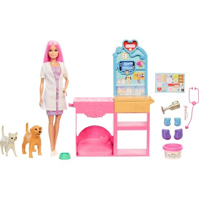 Barbie Fast Cast Veterinarian Clinic Playset with Pink Colored Hair Doll & 10+ Accessories