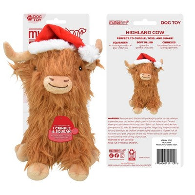 Multipet Highland Cow with Santa Hat Interactive Plush Dog Toy