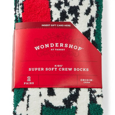 Kids' 2pk Dalmatian & Striped Cozy Crew Socks with Gift Card Holder - Wondershop Dark Green M/L