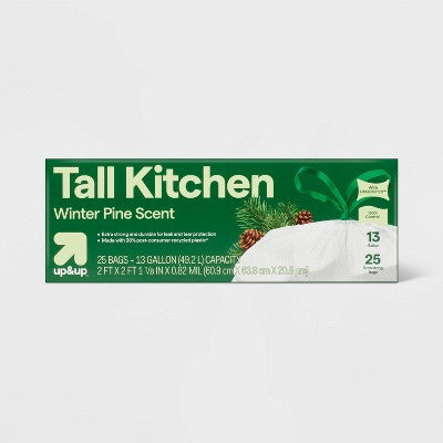 Holiday Drawstring Trash Bags - Winter Pine Scent - 13 Gallon - 25ct - up&up