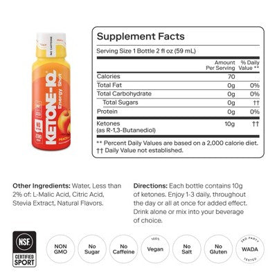 Ketone-IQ Classic Peach Non Caffeine Energy Drinks 6 PACK BOX 2floz EXP 08/19/27