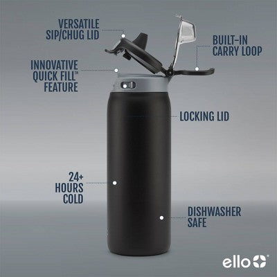 Ello Pop & Fill 18oz Stainless Steel Water Bottle Black