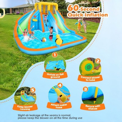 AS IS (slightly used) 141.3" x 126.4" x 81.9" 11-in-1 Inflatable Water Slide Park for Kid 3-12 w/2 Water Slides|550W Blower|5 Toys|Splash Pool|Climb Wall In/Outdoor (LOCAL PICKUP ONLY)