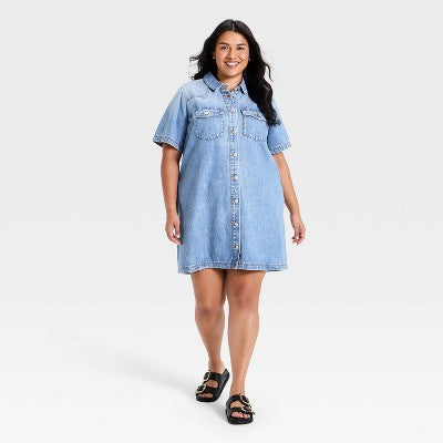 Women's Short Sleeve Denim Mini Shirtdress - Universal Thread Medium Wash 2X