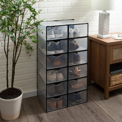 Simplify Set of 12 Drop Front Shoe Box Black: Plastic Storage Drawers for Shoe Storage, No Assembly Required