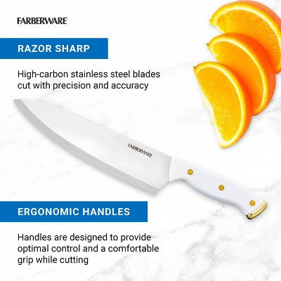 Farberware 3pc Knife Set White/Gold: Chef, Paring & Utility Knives, Stainless Steel Blades, Riveted ABS Handles