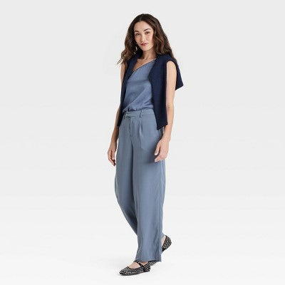 Women's High Rise Satin Striped Straight Trousers Blue 12