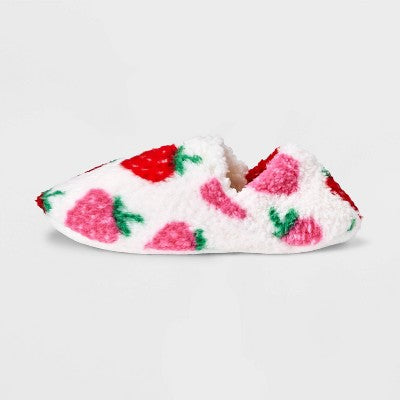 Women's Strawberry Print Cozy Fleece High Cut Pull-On Slipper Socks with Grippers - Ivory/Red S/M