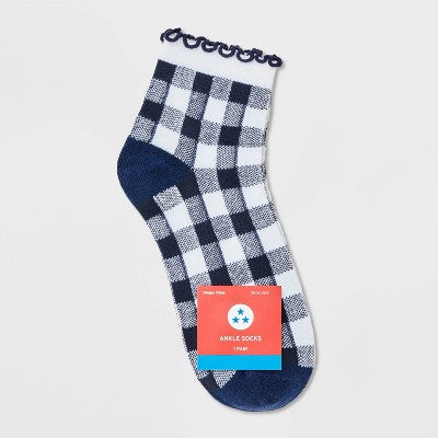 Women's Gingham Lettuce Edge Ankle Socks - Navy/White 4-10