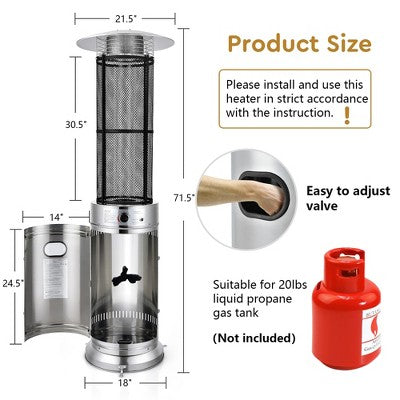 Costway 40000 BTU Patio Heaters Stainless Steel Round Propane Glass Tube Flame W/Wheels (LOCAL PICKUP ONLY)