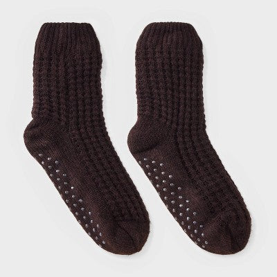 Women's Waffle Sweater Knit Reading Crew Socks with Faux Shearling Lining and Grippers - Auden Brown 4-10