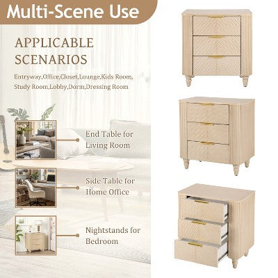 ModernLuxe Fluted 3 Drawers Nightstand Bedside Table End Table, Mid-Century Side Table with Gold Glossy Handles & Gourd Legs, Champagne (LOCAL PICKUP ONLY)