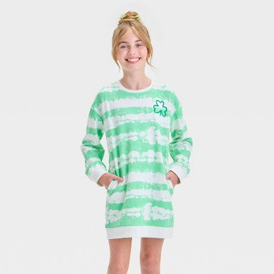 Girls' Long Sleeve St. Patrick's Day Dress Cream/Lime Green M