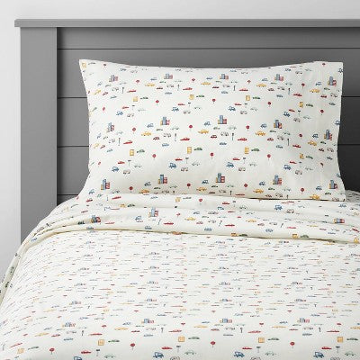 Toddler City Cars Cotton Kids' Sheet Set - Pillowfort: Standard Crib/Toddler Bedding, 3-Piece, OEKO-TEX Certified