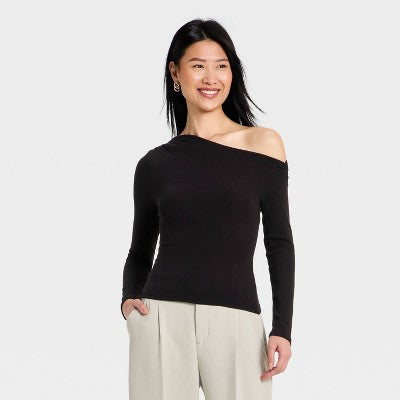 Women's One Shoulder Asymmetrical Knit Ribbed Top Black M
