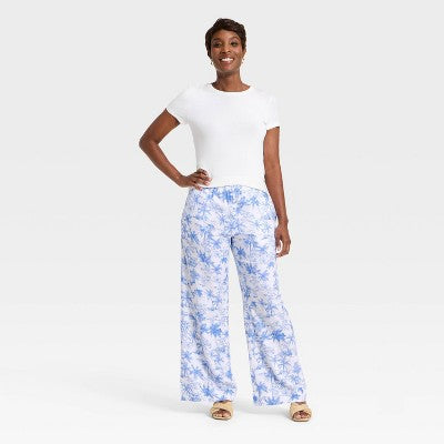 Women's Linen Wide Leg Pull-On Pants - A New Day Blue/White Toile XS Long