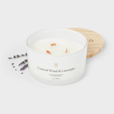 3-Wick Milky Glass Wooden Wick Coastal Wind and Lavender Jar Candle 13oz - Threshold