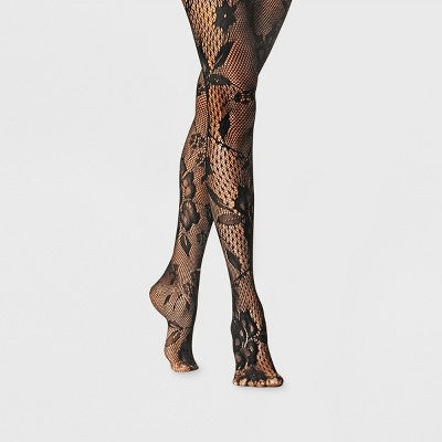 Women's Mixed Net Floral Tights - A New Day Black L/XL: High Waisted Fishnet Hosiery, Sheer Knit, Hand Wash, Line Dry