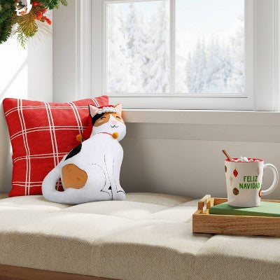 Shaped Christmas Kitty Faux Shearling Throw Pillow Ivory/Brown - Wondershop