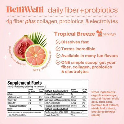 BelliWelli Daily Fiber Supplement + Probiotics, Electrolytes, Collagen, Powder - Tropical Breeze - 16 servings