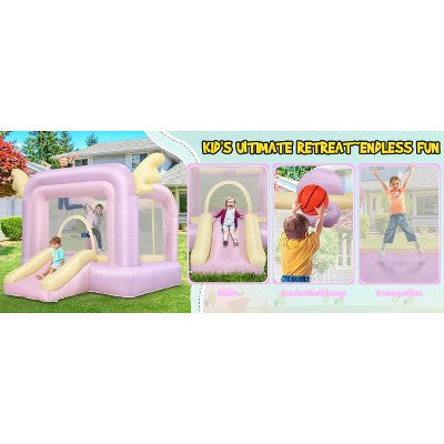 KRISRATE Inflatable Bounce House with Slide, Pink Kids Bouncy Castle for Indoor/Outdoor Use, with Basketball Hoop, Safety Net for Party, No Blower (LOCAL PICKUP ONLY)