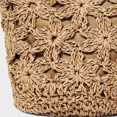 Straw Mini Floral Bucket Bag - A New Day Beige: Woven Paper Straw, Magnetic Closure, Structured Design