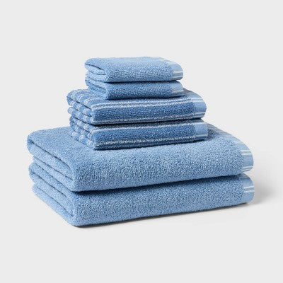 6pc Everyday Striped Dorm Towel Set Blue/White - Room Essentials