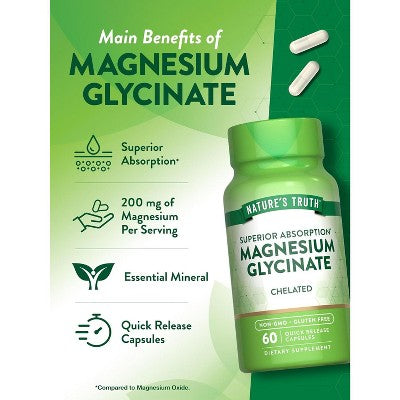 Nature's Truth Magnesium Glycinate Capsules | 200mg | 60 Count | Chelated Superior Absorption Formula | Non-GMO & Gluten Free Supplement