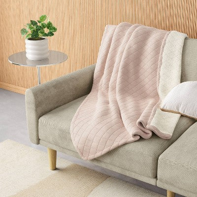 Quilted Jersey Throw Blanket with Faux Shearling Reverse Heathered Pink - Room Essentials