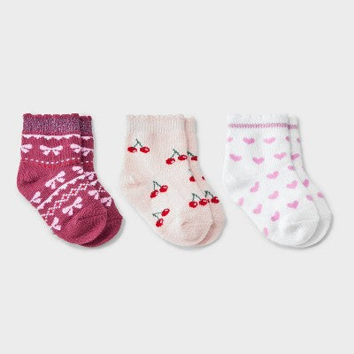 Baby Girls' 3pk Hearts Cherries and Bows Ankle Socks - Cat & Jack 6-12M