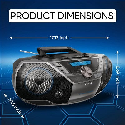 PHILIPS Portable CD Player Boombox – Bluetooth, USB, MP3, Cassette, FM Radio, Bass Boost, Digital Display, Powerful Sound
