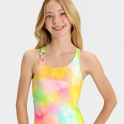 Girls' Dreamy Hibiscus Floral Printed One Piece Swimsuit - Cat & Jack Yellow M
